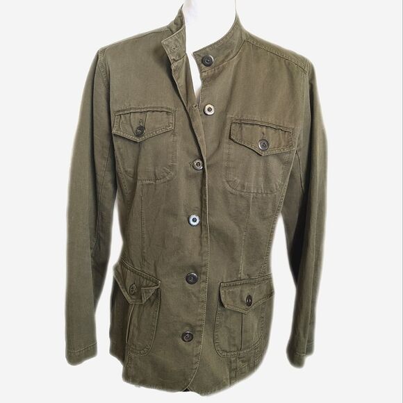 Chico's army green button up round neck utility jacket, cotton, Chico's size 1 - Picture 1 of 7